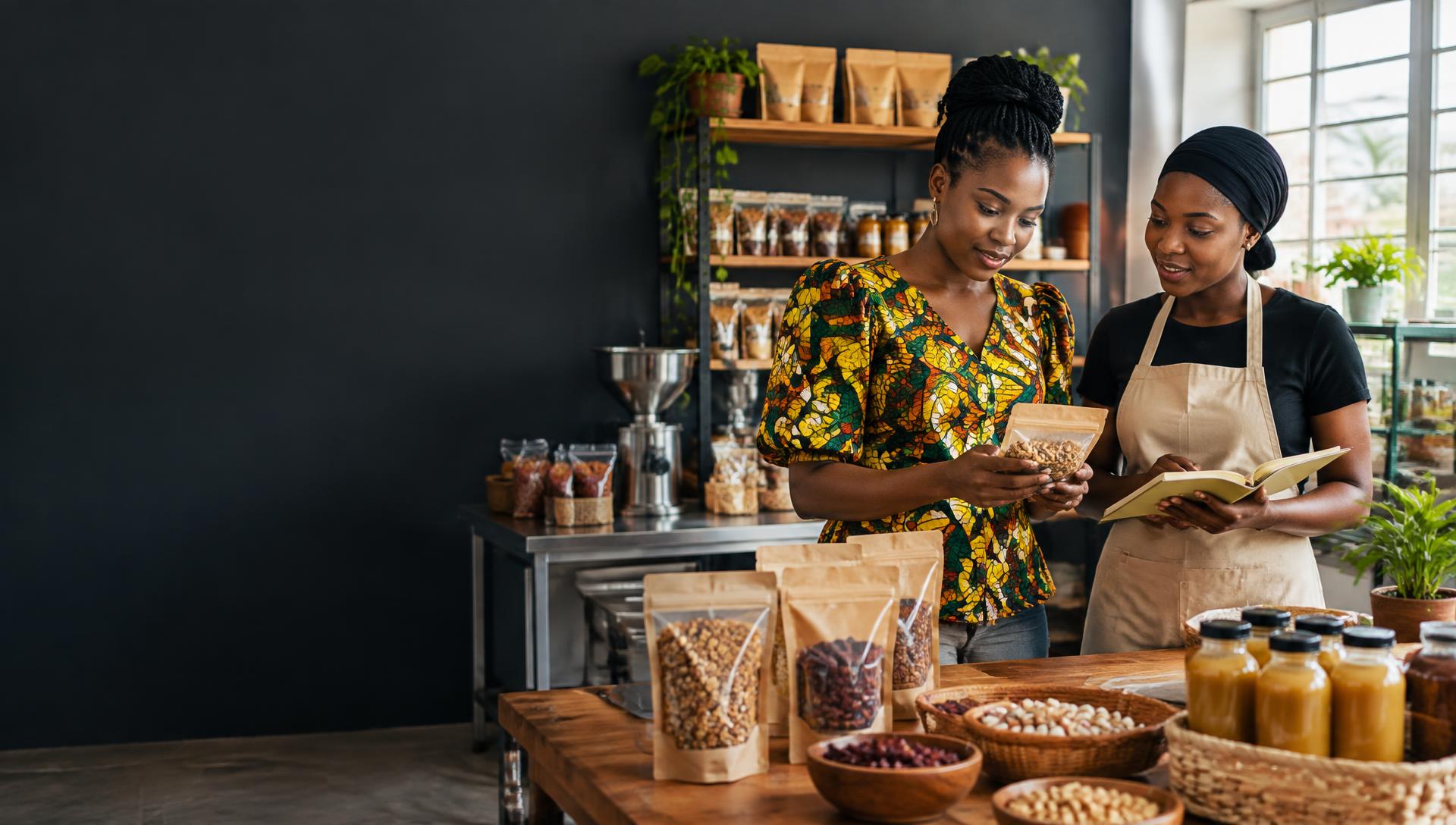 Two Ghanaian entrepreneurs examining packaged food products in a working production space